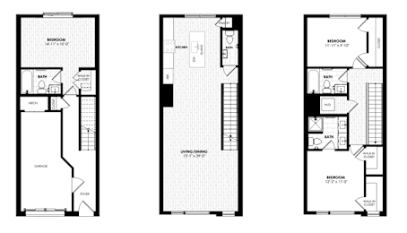 Three floor plans for a house with a garage and a loft.