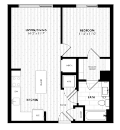 A black and white image of a floor plan for a home with a living/dining area, kitchen, bathroom, and bedroom.