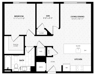 A black and white image of a house floor plan with a bedroom, den, living/dining area, kitchen, bathroom, and foyer.