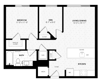 A black and white floor plan of a house with a bedroom, living/dining area, kitchen, bathroom, and closet.