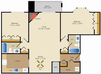 B2R Floor Plan at Poplar Glen Apartments, Columbia, MD.