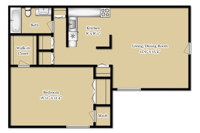 1Bed 1Bath Floor Plan at Potomac Ridge Apartments, Woodbridge, 22191