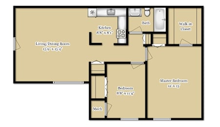 2Bed 1Bath Floor Plan at Potomac Ridge Apartments, Woodbridge, VA 22191
