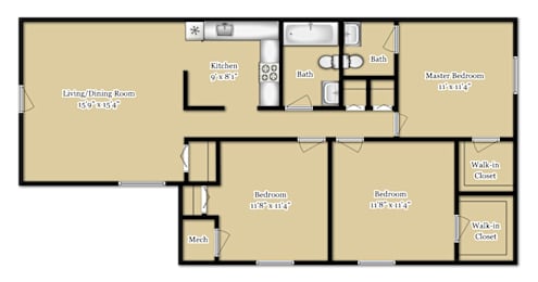 3Bed 1.5Bathroom Floor Plan at Potomac Ridge Apartments, Virginia