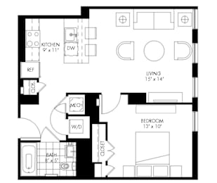 A black and white floor plan of a small apartment with a kitchen, living room, bedroom, and bathroom.