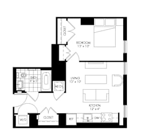 A black and white floor plan of a small apartment with a bedroom, living room, kitchen, bathroom, and closet.