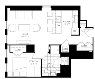 A black and white image of a house floor plan with a living room, kitchen, bedroom, bathroom, and closet.