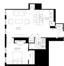 A black and white floor plan of a house with a living room, kitchen, bathroom, and bedroom.