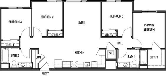 floor plan of the first floor of a town house with a kitchen and living room