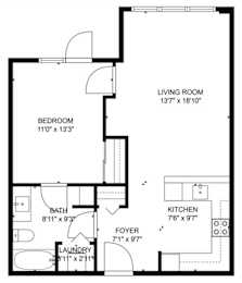 Floor Plan  A black and white image of a floor plan for a small apartment.