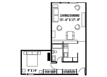 Floor Plan  Bay Roc 1-bedroom floorplan