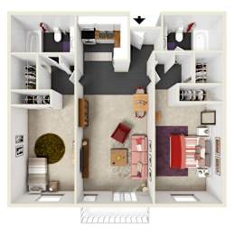 Floor Plan  A top down view of a small apartment with a living room, kitchen, and bedroom.