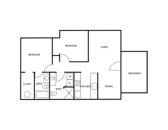 A floor plan of a house with labeled rooms such as Bedroom, Bath, Kitchen, Dining, Living Room, and Deck/Patio.