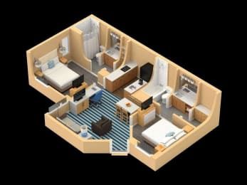a 3d floor plan of a room with a bed and a desk