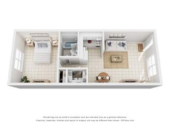 Floor Plan  A 3D image of a small bathroom with a toilet, sink, and bathtub.