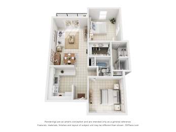 Floor Plan  A 3D floor plan of two bedroom two bath apartment with a kitchen, living room, dining room, and bathrooms.