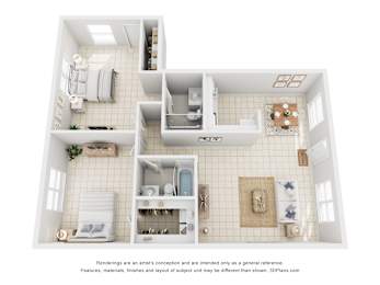 Floor Plan  A 3D floor plan of a small apartment with a kitchen, living room, and bathroom.