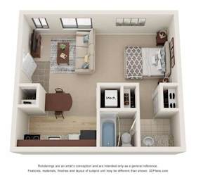 a sq ft apartment with a bedroom and a bathroom