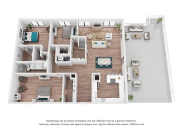 a 3 bedroom floor plan is shown in this rendering