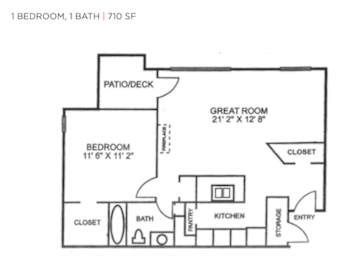 A floor plan of a 710 square foot home with one bedroom and one bath.
