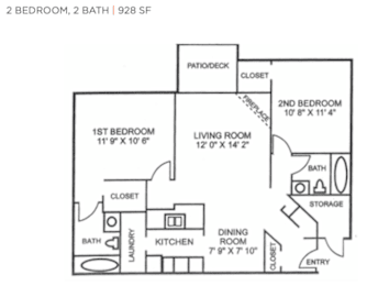 A floor plan of a 2 bedroom, 2 bath home with a living area, dining area, kitchen, and laundry room.