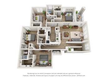 A 3D floor plan of a multi-level home with various rooms and furniture.