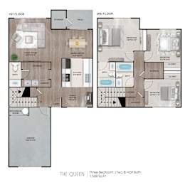 A diagram of a three bedroom apartment with two half baths and a garage.