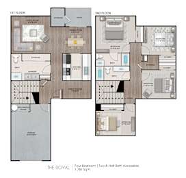 A floor plan of a two-story home with a living room, dining room, kitchen, and multiple bedrooms.