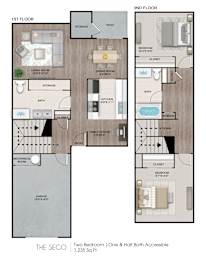 A diagram of a two bedroom apartment with one and a half bathrooms.