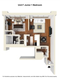 1 Bedroom 1 Bathroom Junior- F Line Floor Plan at The Ivanhoe Apartments, Hackensack, 07601