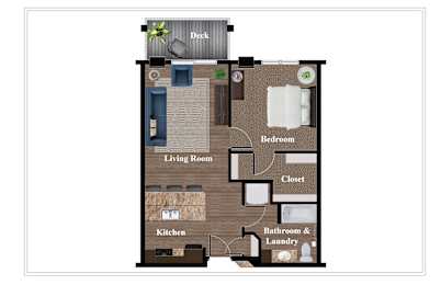 A floor plan of a house with a deck, living room, kitchen, bedroom, closet, and bathroom & laundry.