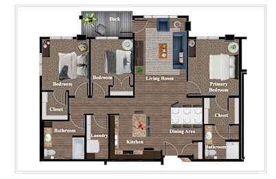 A floor plan of a house with two bedrooms, a living room, a kitchen, a dining area, a bathroom, a laundry room, and a closet.