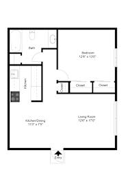 A floor plan of a small apartment with a living room, kitchen, and two bedrooms.