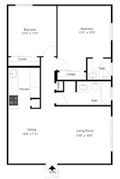 A floor plan of a house with two bedrooms, a living room, a dining room, a kitchen, and two bathrooms.