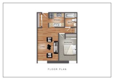 A floor plan of a room with a living area, kitchen, bathroom, and bedroom.
