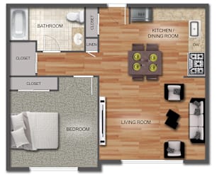 A floor plan of a small apartment with a bedroom, living room, kitchen, and bathroom.