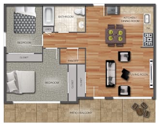 A floor plan of a house with two bedrooms, a pantry, a living room, a kitchen/dining room, a bathroom, and a balcony.