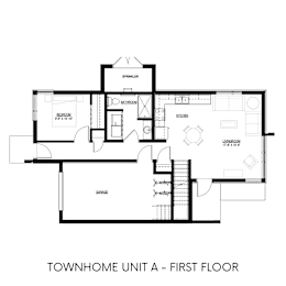 A black and white drawing of a floor plan for a townhome.