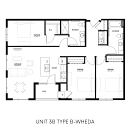 A black and white image of a floor plan for a Unit 3B Type B-Wheda.
