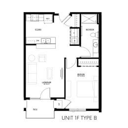 A black and white diagram of a floor plan for a Unit 1F Type B.