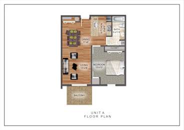 A floor plan of a unit named "UNIT A" showing a kitchen, dining area, bedroom, and bathroom.