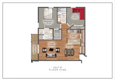 A floor plan of a unit showing a living room, dining room, kitchen, two bedrooms, a bathroom, and a balcony.