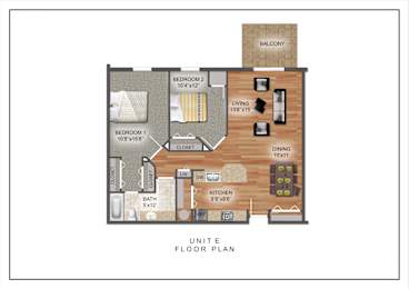 A floor plan of a unite showing a balcony and a kitchen.