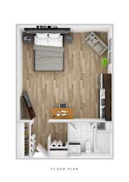 A floor plan of a small apartment with a bed, desk, and kitchenette.