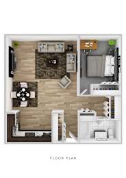A floor plan of a small apartment with a living room, kitchen, and bedroom.