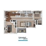 A floor plan of a home with a living room, dining room, kitchen, and two bedrooms.