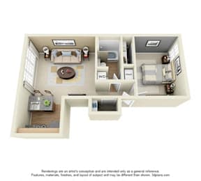 A 3D floor plan of a house with a kitchen, living room, and bathroom.
