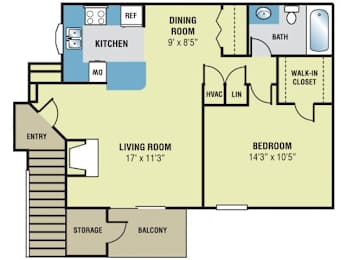 A floor plan of a home showing a living room, dining room, kitchen, and bedroom.