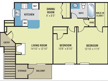 A floor plan of a home with a living room, two bedrooms, a dining room, kitchen, bathroom, and storage.