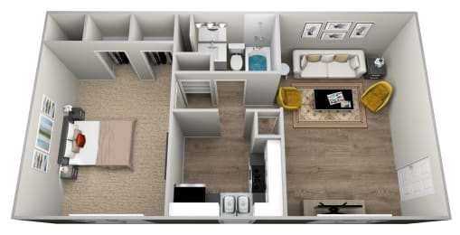 a 3d rendering of a 1 bedroom floor plan with a bathroom and living room